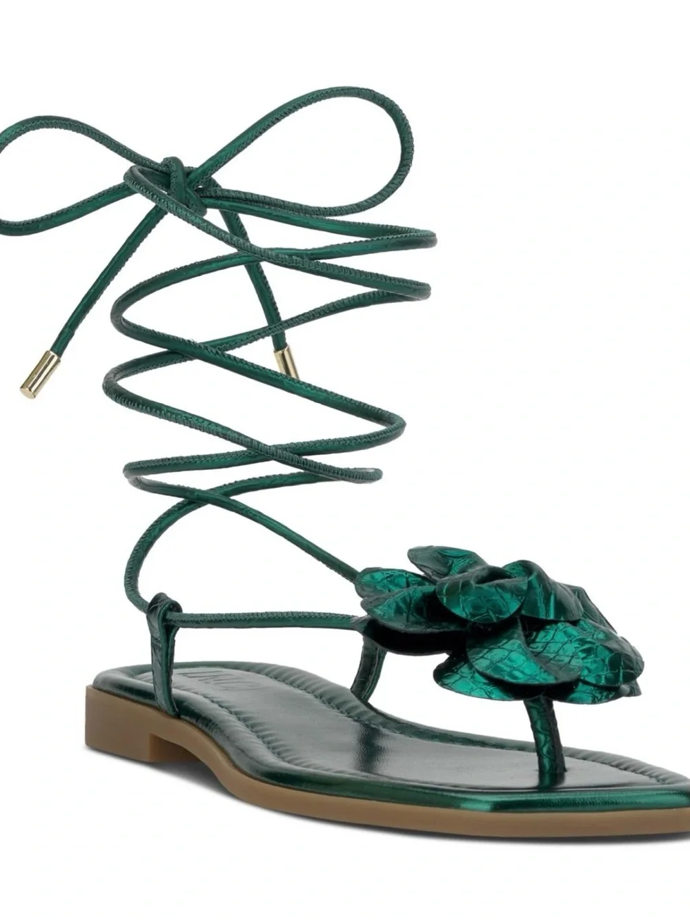 I.N.C. Gilma Flower Flat Metallic Green Viking Gladiator Goddess Sandals Size 6